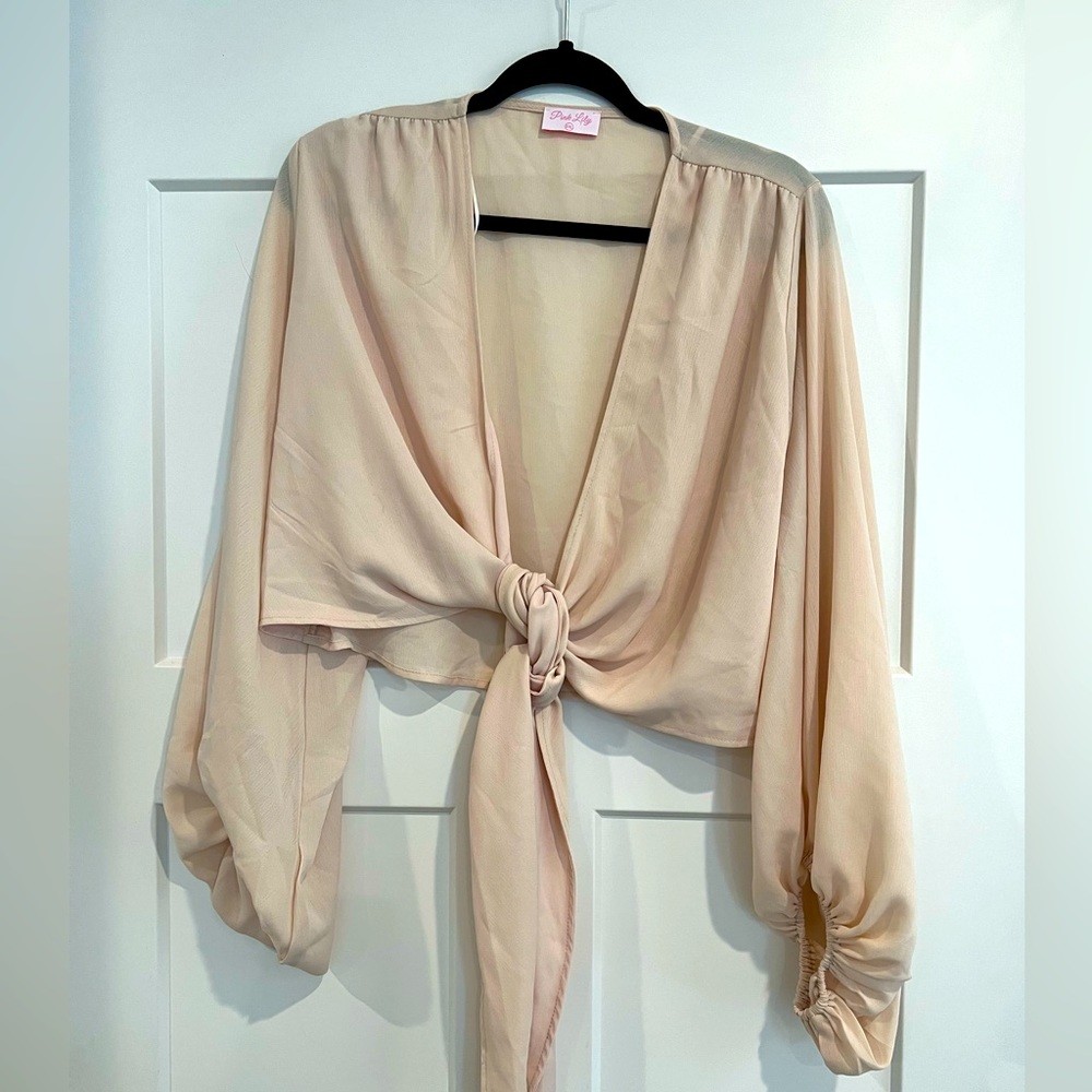 Pink Lily Bring You Joy Beige Front Cropped Tie Blouse.